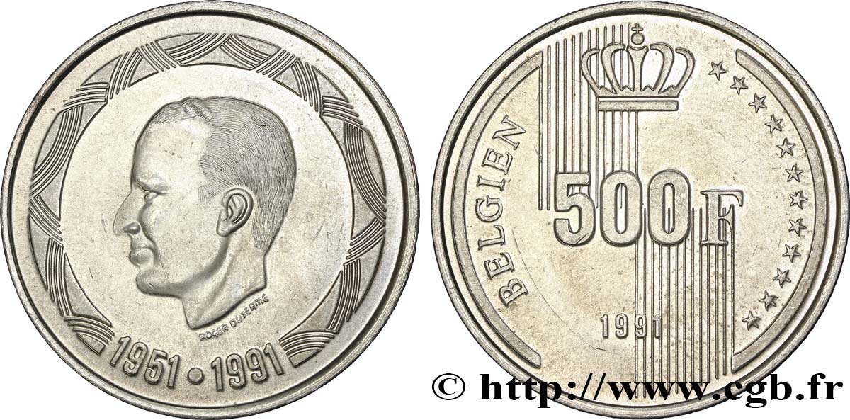 BELGIEN 500 Francs légende allemande 40 ans de règne du roi Baudouin 1991 Bruxelles VZ 