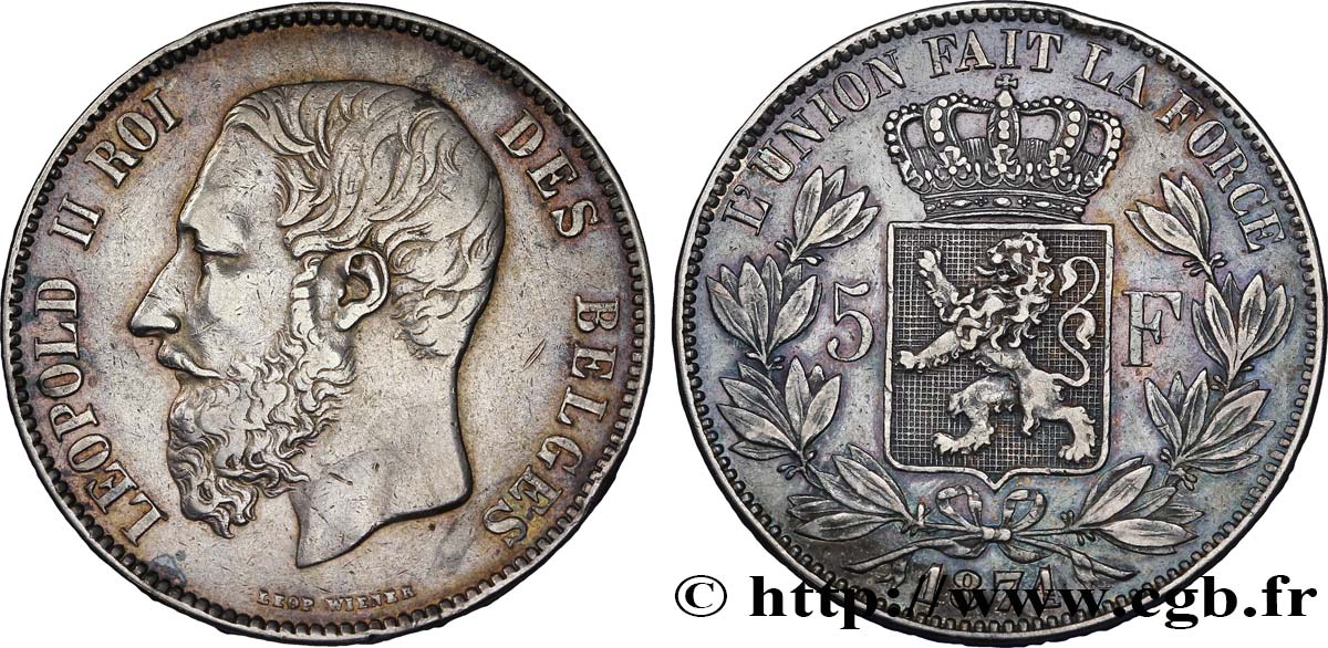 BELGIEN 5 Francs Léopold II 1871  SS 