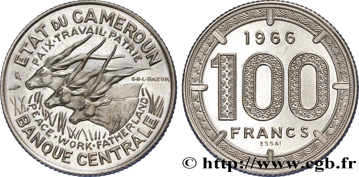 CAMERUN Essai de 100 Francs Etat du Cameroun, commémoration de l’indépendance, antilopes 1966 Paris MS 