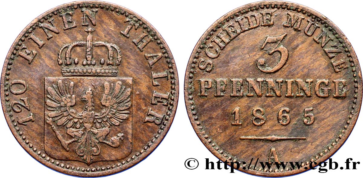 ALEMANIA - PRUSIA 3 Pfenninge Royaume de Prusse écu à l’aigle 1865 Berlin EBC 