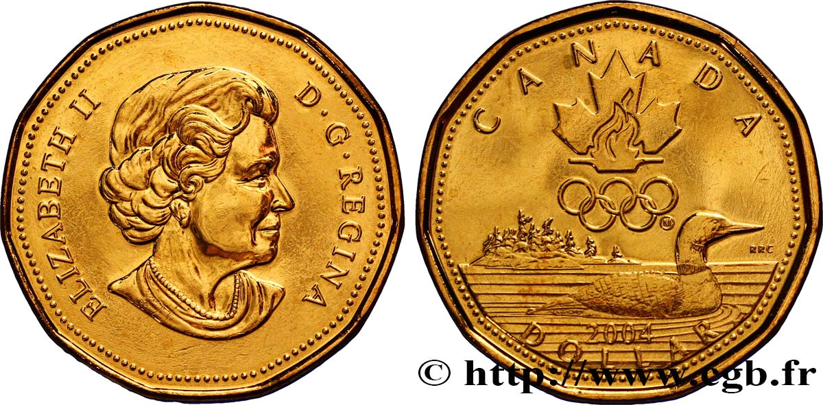 CANADA 1 Dollar Lucky Loonie : Elisabeth II / Canard, flamme et anneaux olympiques 2004  MS 