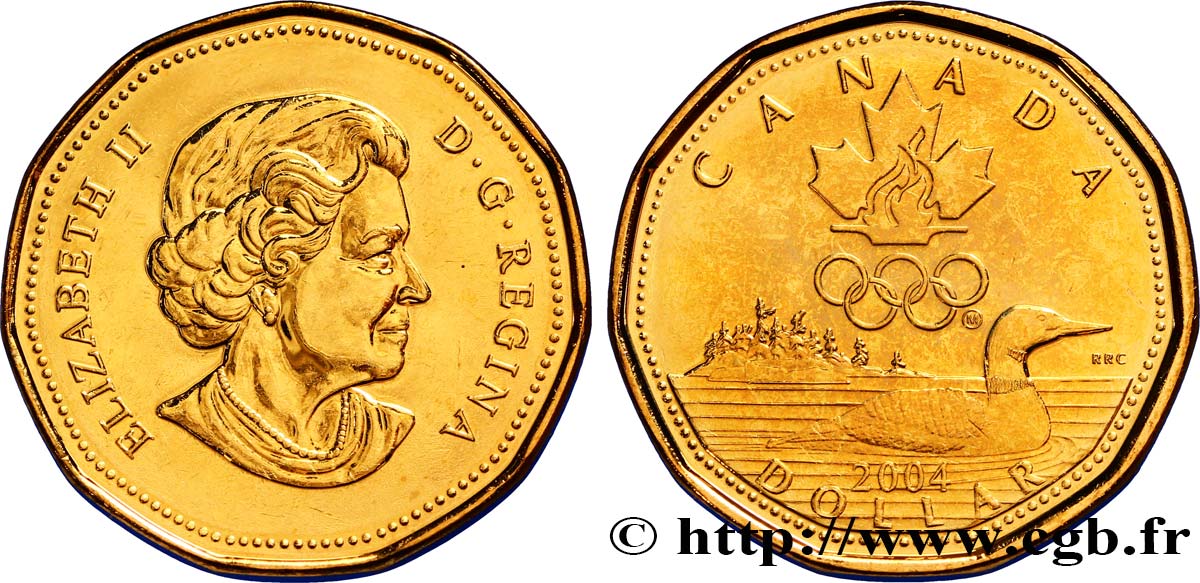 CANADA 1 Dollar Lucky Loonie : Elisabeth II / Canard, flamme et anneaux olympiques 2004  SPL 