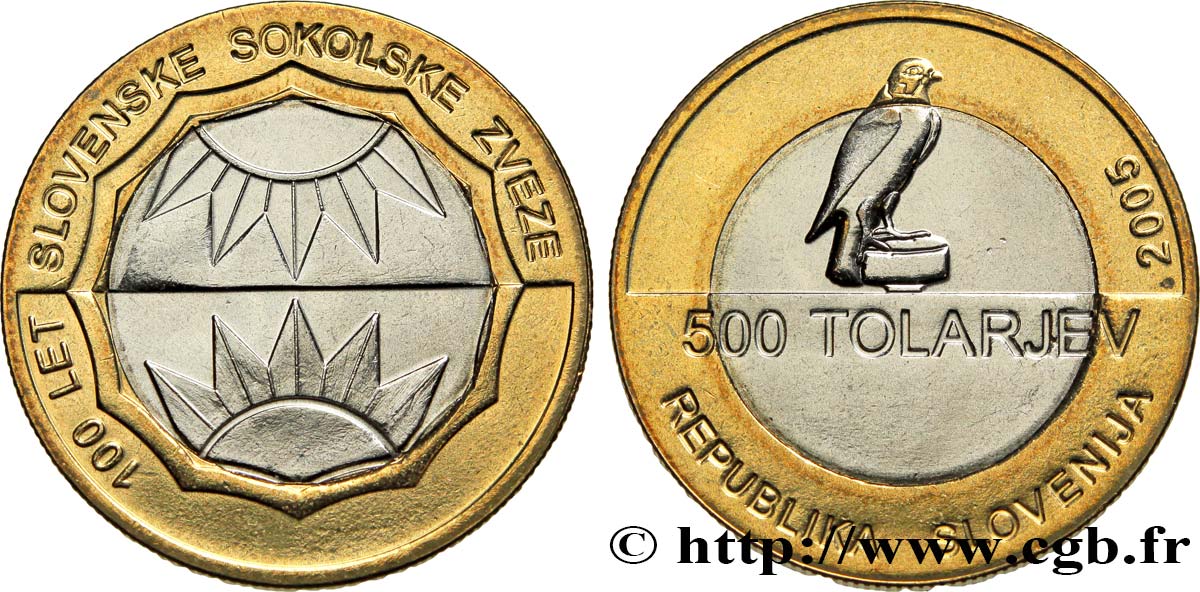 ESLOVENIA 500 Tolarjev 100e anniversaire de la fondation de l’association slovène de Sokol : faucon / deux soleils 2005  SC 