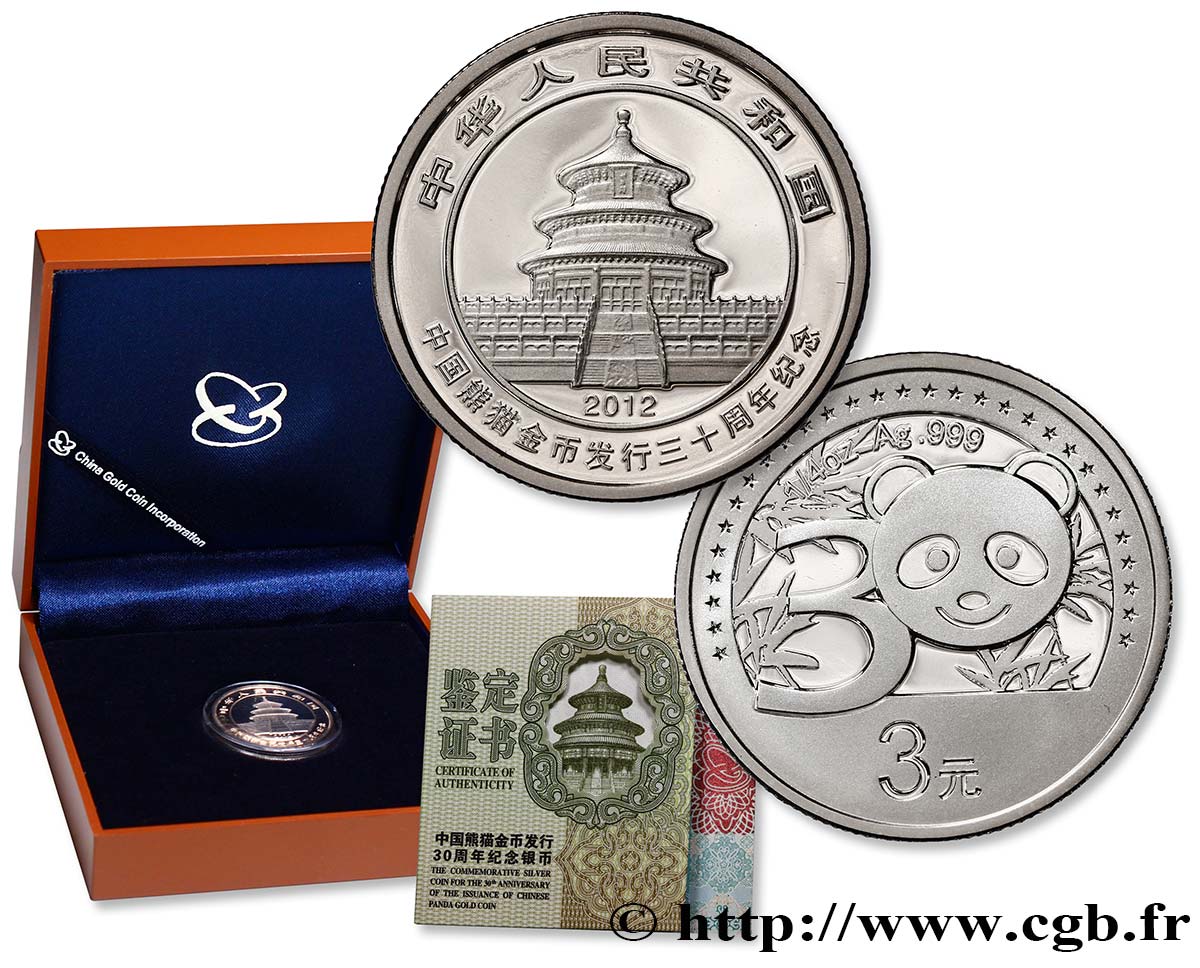 CHINA 3 Yuan Proof 30e anniversaire des monnaies Panda 2012  MS 
