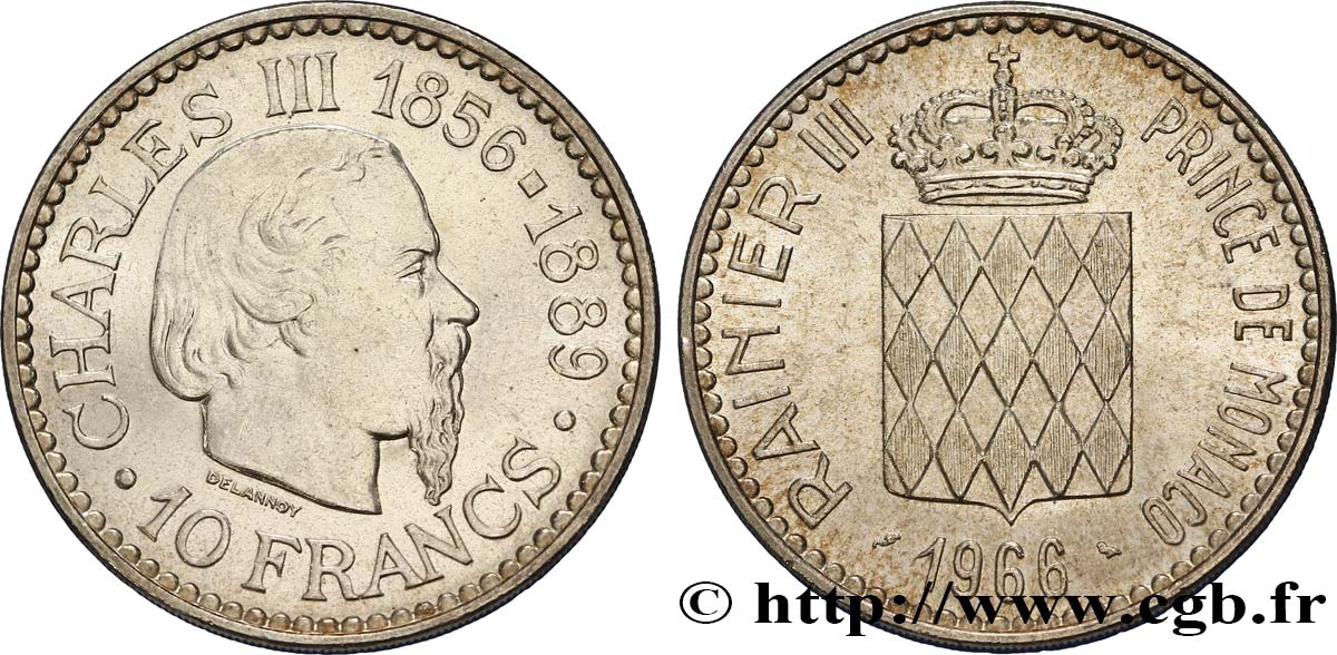 MONACO 10 Francs Charles III / écu couronné 1966 Paris EBC 