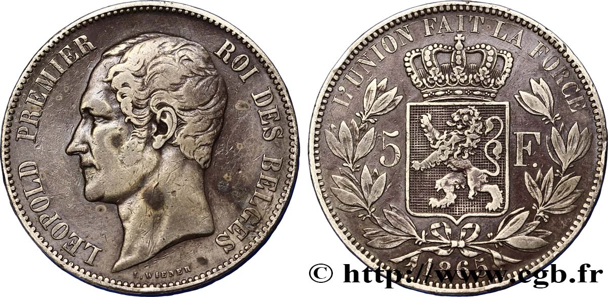 BELGIUM 5 Francs Léopold Ier tête nue tranche A 1865  XF 