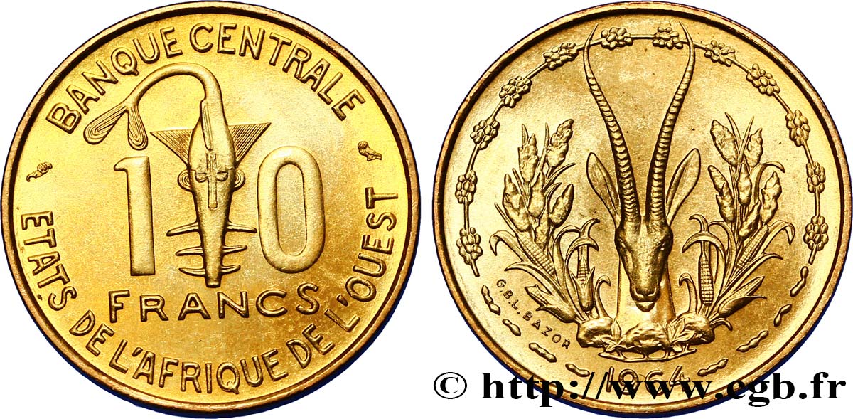 WESTAFRIKANISCHE LÄNDER 10 Francs BCEAO masque / antilope 1964 Paris fST 