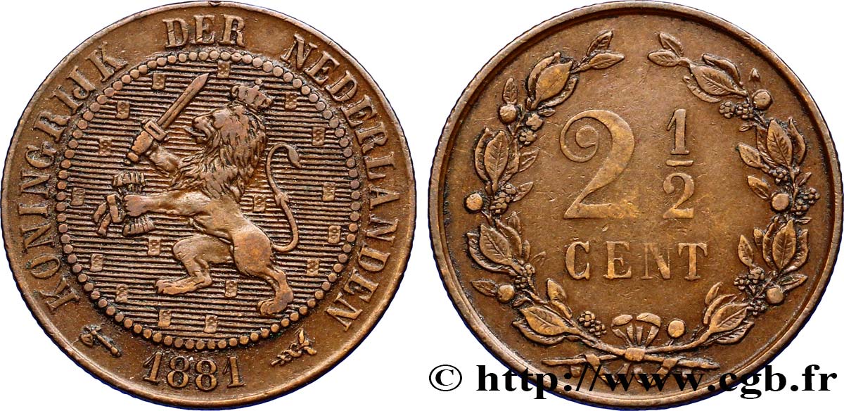 NETHERLANDS 2 1/2 Cents lion couronné 1881 Utrecht AU 