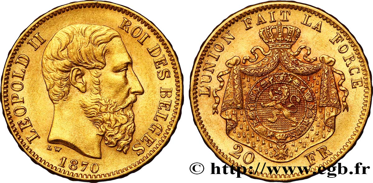 BELGIUM 20 Francs Léopold II 1870 Bruxelles AU 
