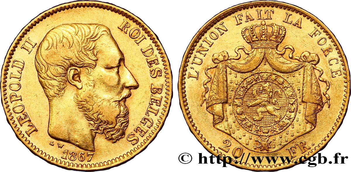BELGIUM 20 Francs Léopold II 1867 Bruxelles AU 