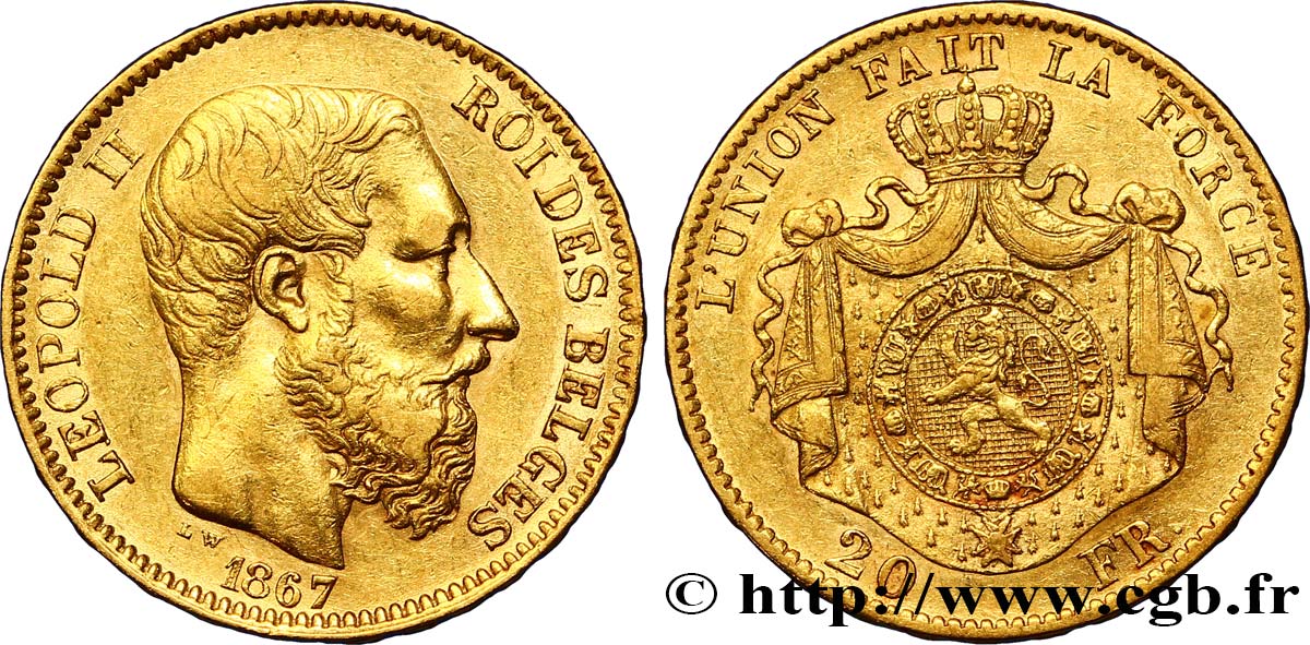 BÉLGICA 20 Francs Léopold II 1867 Bruxelles MBC 