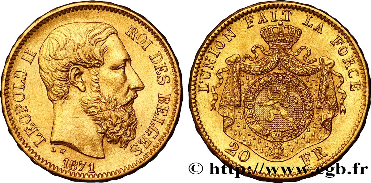 BELGIEN 20 Francs Léopold II 1871 Bruxelles VZ 