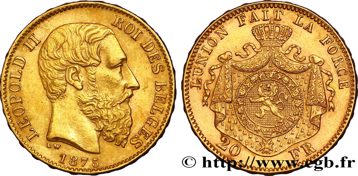 BELGIO 20 Francs Léopold II 1875 Bruxelles q.SPL 