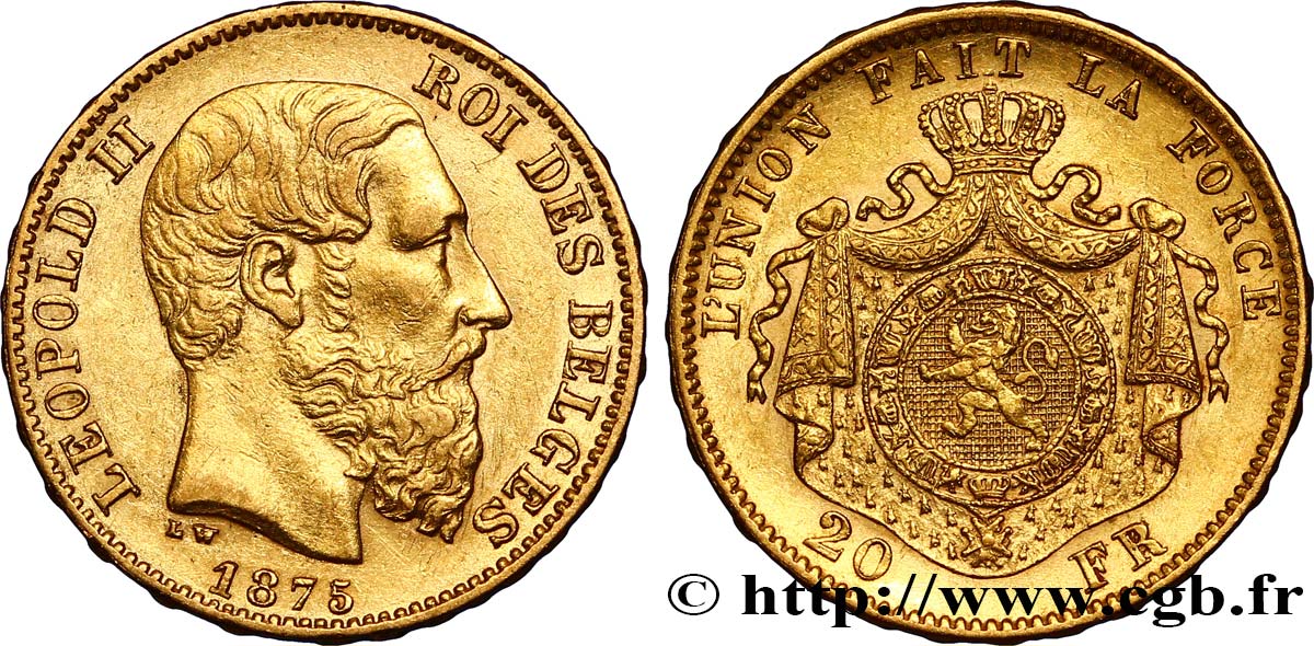 BELGIUM 20 Francs Léopold II 1875 Bruxelles AU 