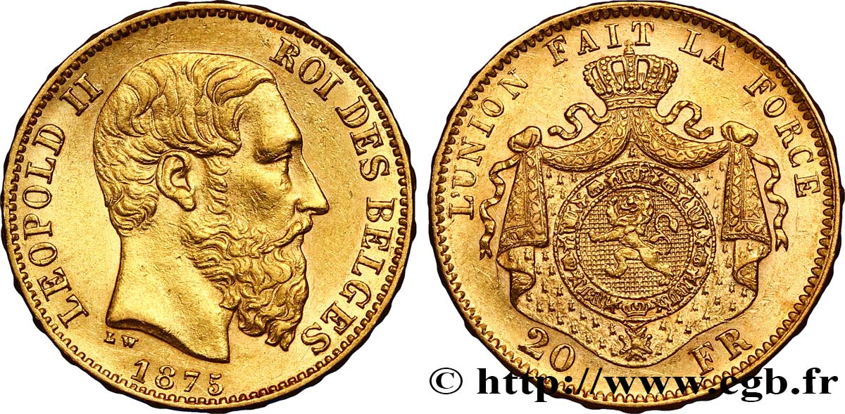 BÉLGICA 20 Francs Léopold II 1875 Bruxelles EBC 