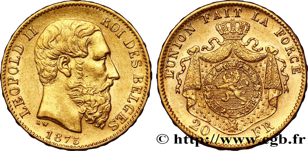 BELGIO 20 Francs Léopold II 1875 Bruxelles SPL 