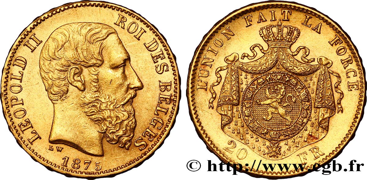 BELGIQUE 20 Francs Léopold II 1875 Bruxelles SUP 