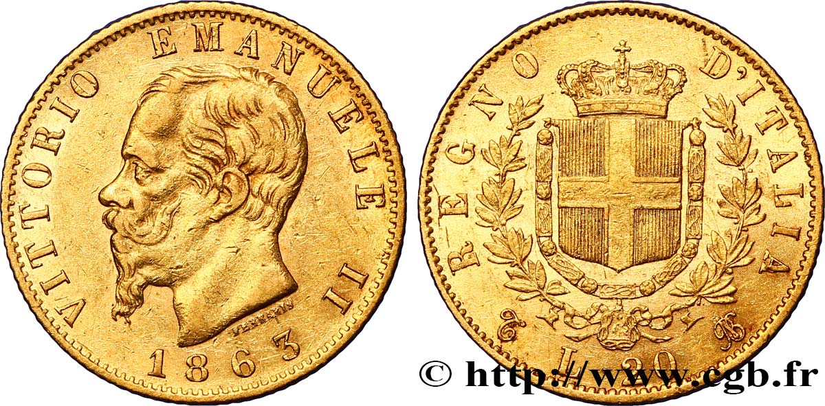 ITALY 20 Lire Victor Emmanuel II 1863 Turin AU 