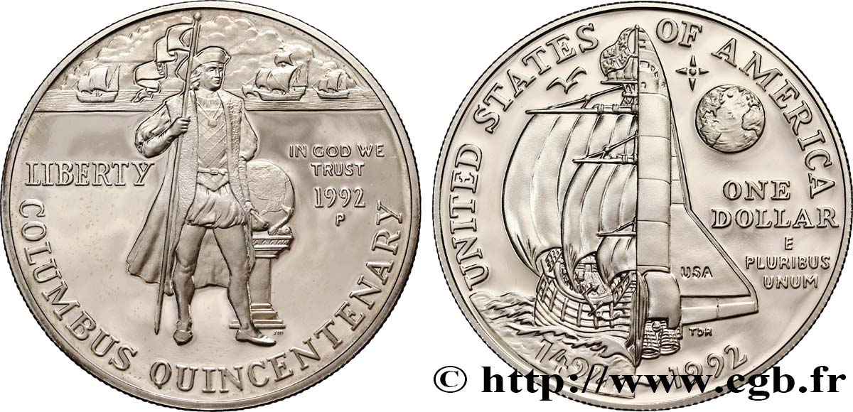 UNITED STATES OF AMERICA 1 Dollar 500e anniversaire de la découverte de l’Amérique par Christophe Colomb 1992 Philadelphie MS 