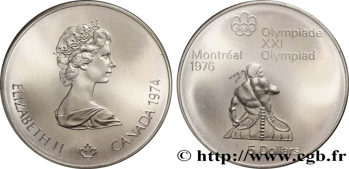 CANADá
 5 Dollars Proof JO Montréal 1976 indien sur canoë / Elisabeth II 1974  FDC 