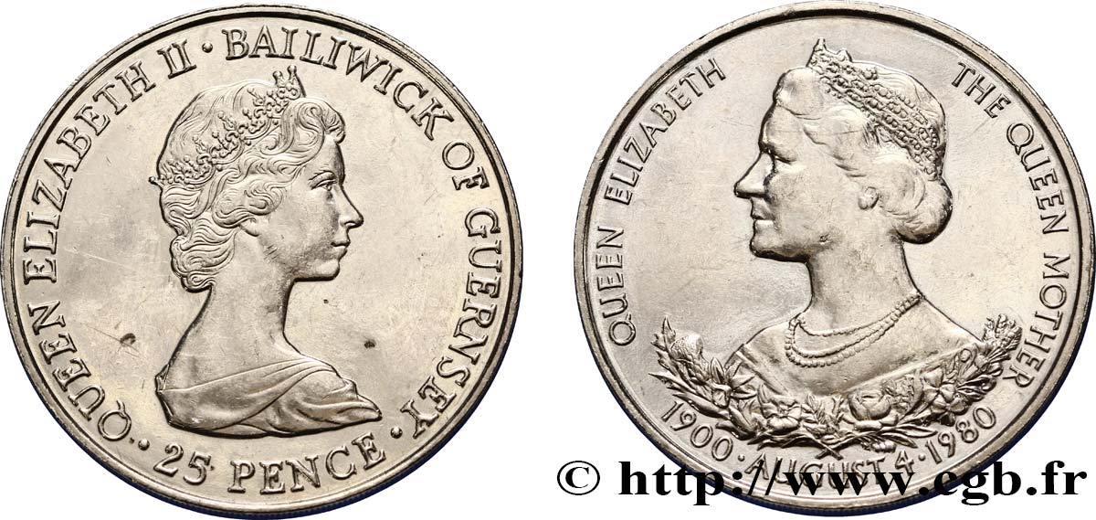 GUERNSEY 25 Pence Elisabeth II / 80e anniversaire de la Reine--Mère 1980  VZ 