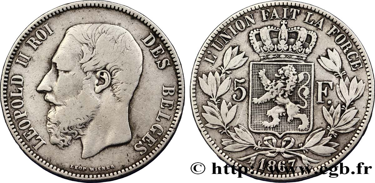 BÉLGICA 5 Francs Léopold II tranche A 1867  BC+ 