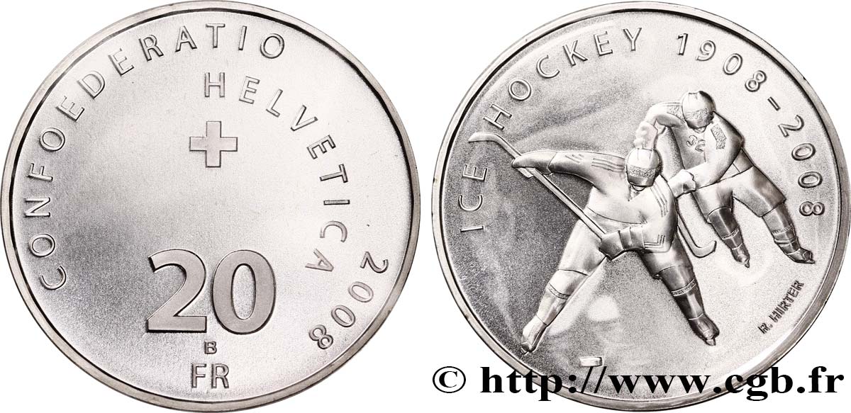 SWITZERLAND 20 Francs Centenaire du hockey sur glace 2008 Berne MS 