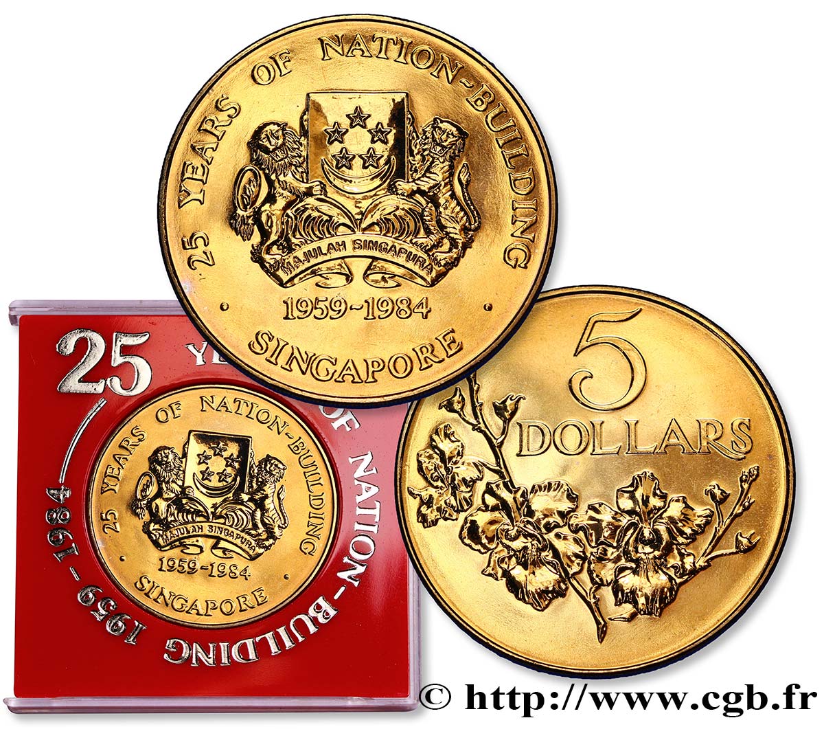 SINGAPUR 5 Dollars 17e anniversaire de la construction de la nation : emblème / Rameau fleuri 1984  ST 