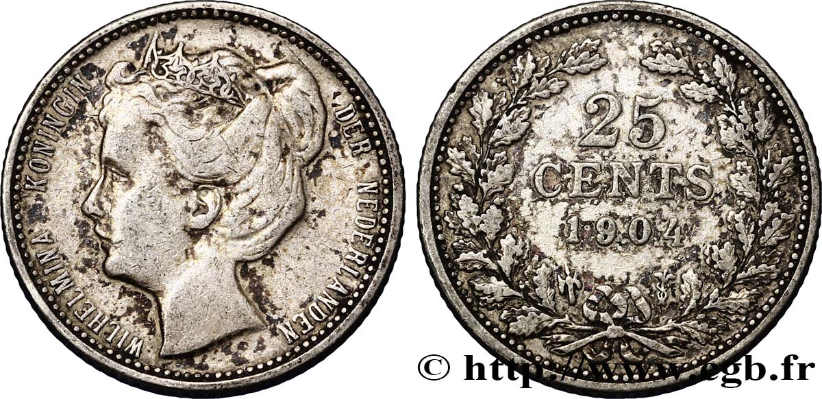 NETHERLANDS 25 Cents Wilhelmine 1904 Utrecht XF 