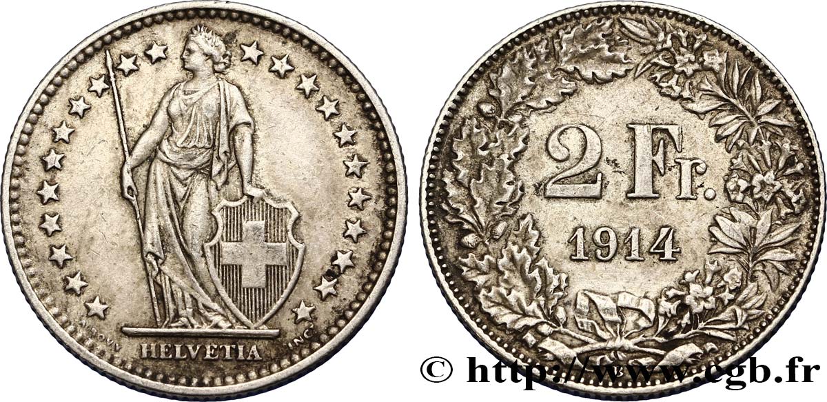 SWITZERLAND 2 Francs Helvetia 1914 Berne AU 