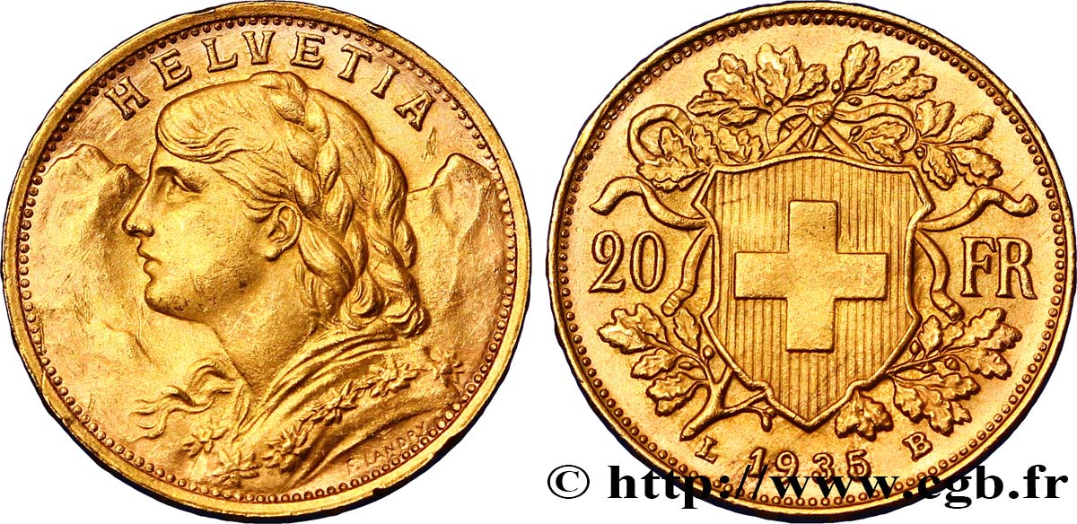 SUISSE 20 Francs or  Vreneli  1935 Berne SUP 