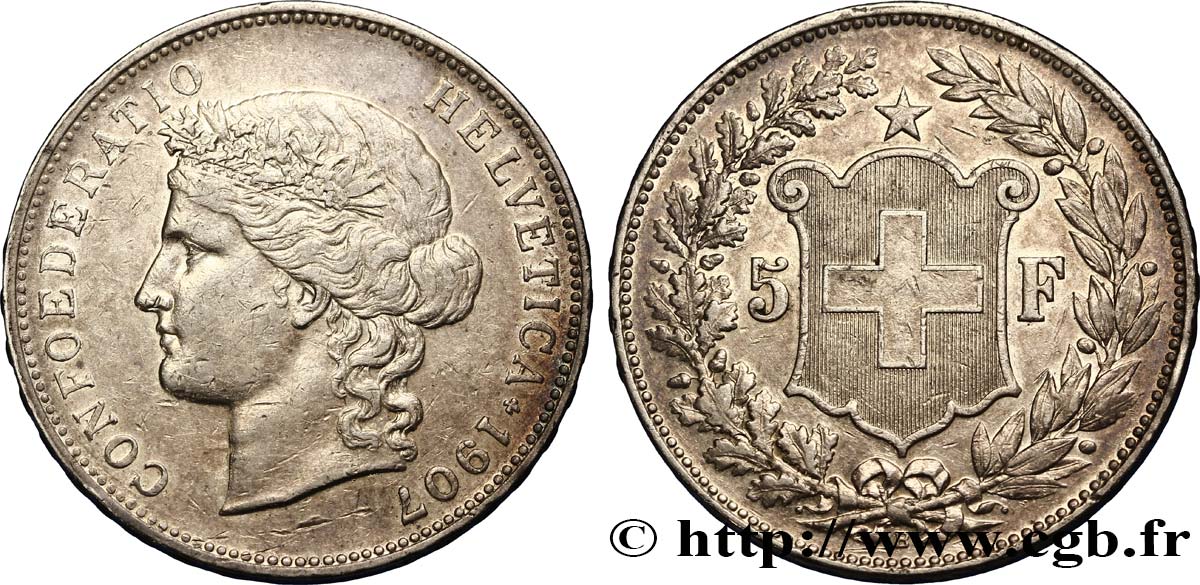 SWITZERLAND 5 Francs Helvetia 1907 Berne AU 