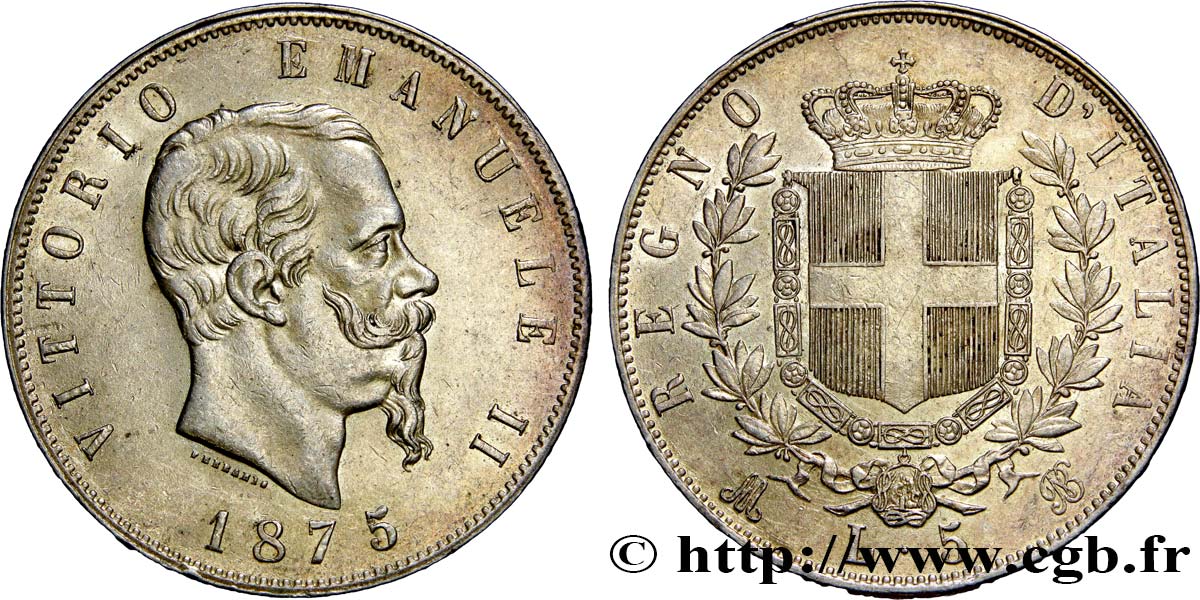 ITALY - KINGDOM OF ITALY - VICTOR-EMMANUEL II 5 Lire Victor Emmanuel II 1875 Milan AU 