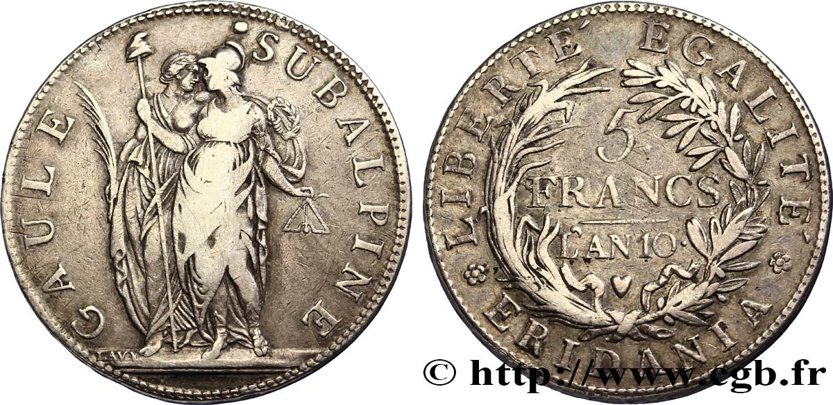ITALY - SUBALPINE GAUL 5 Francs an 10 1802 Turin VF 