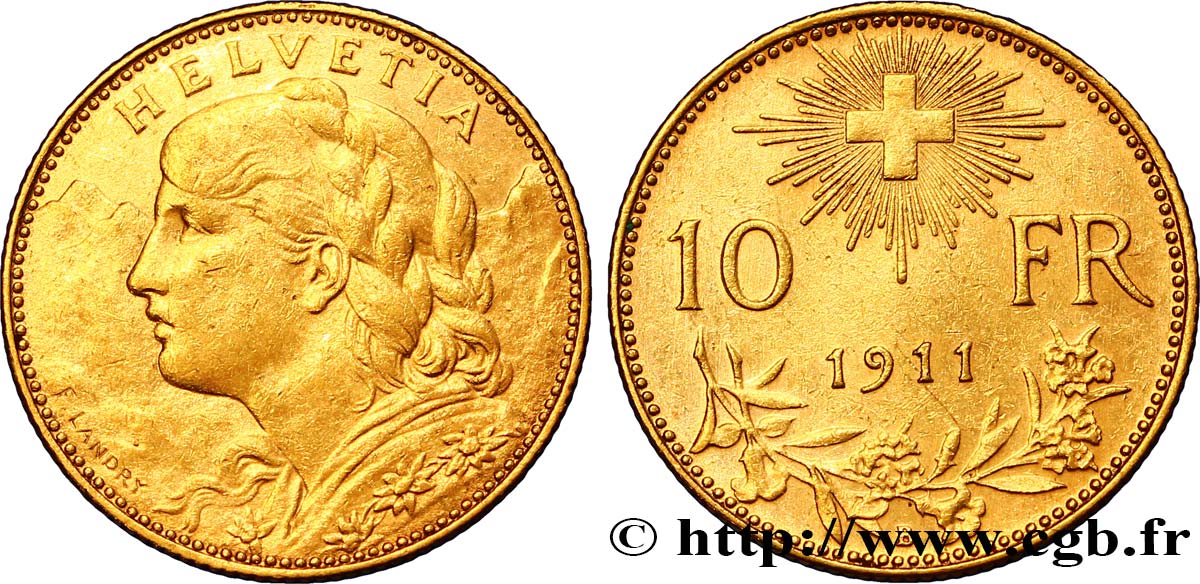 SCHWEIZ 10 Francs or  Vreneli  1911 Berne SS 