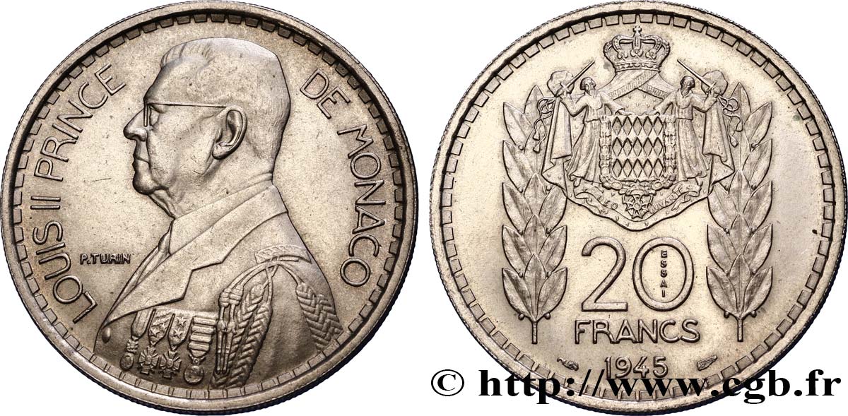 MONACO Essai de 20 Francs Turin Louis II 1945 Paris AU 