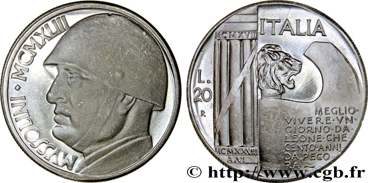 ITALIE 20 Lire Mussolini (monnaie apocryphe) 1928 Rome - R SPL 