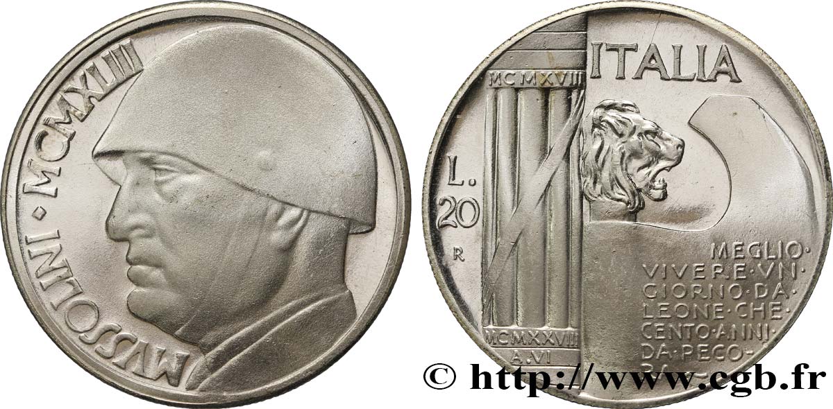 ITALIA 20 Lire Mussolini (monnaie apocryphe) 1928 Rome MS 