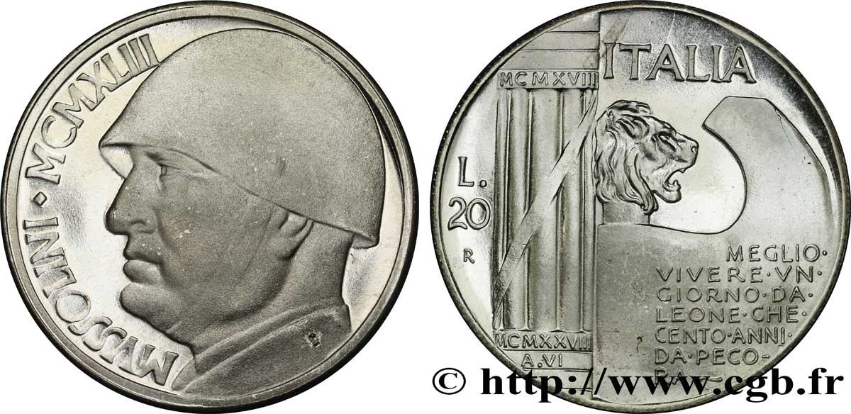 ITALIA 20 Lire Mussolini (monnaie apocryphe) 1928 Rome - R MS 