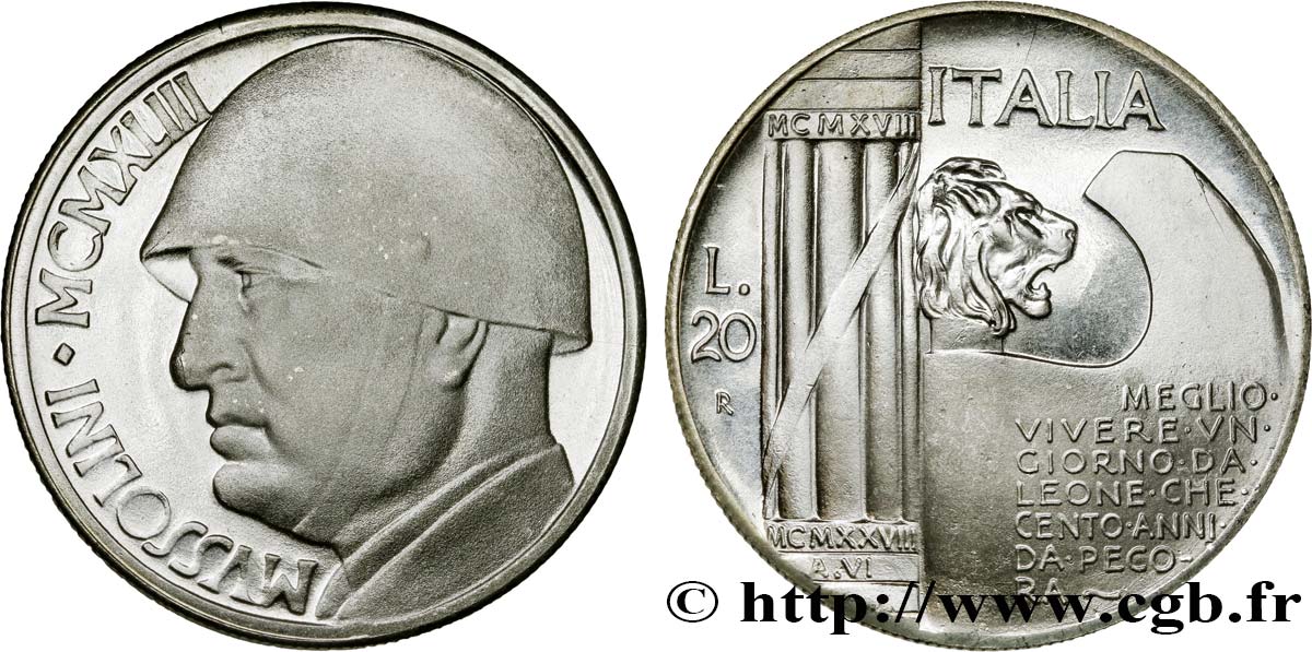 ITALIA 20 Lire Mussolini (monnaie apocryphe) 1928 Rome SC 