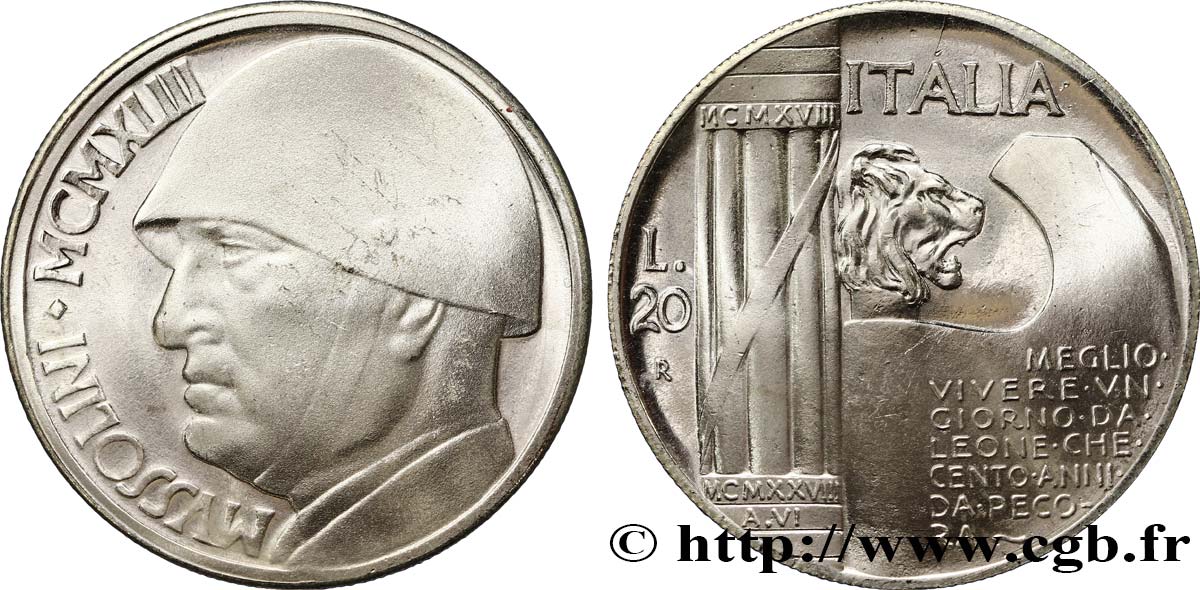 ITALIA 20 Lire Mussolini (monnaie apocryphe) 1928 Rome SC 