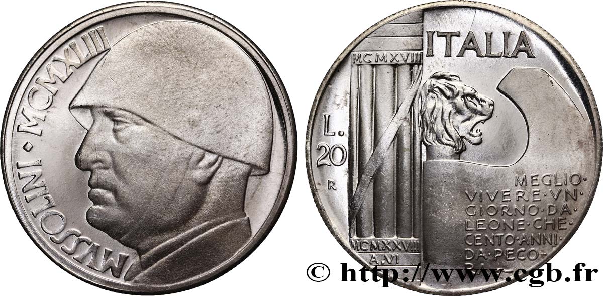 ITALIEN 20 Lire Mussolini (monnaie apocryphe) 1928 Rome fST 