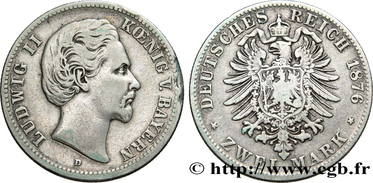 GERMANIA - BAVIERIA 2 Mark Louis II / aigle 1876 Munich q.BB 