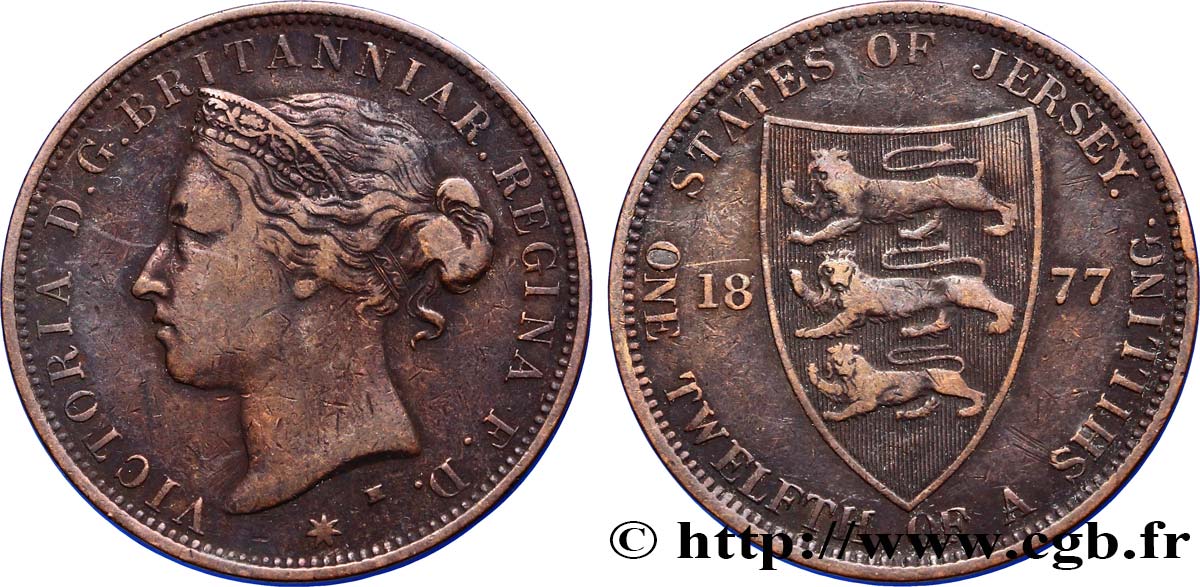 JERSEY 1/12 Shilling Reine Victoria / armes du Baillage de Jersey 1877 Heaton XF 