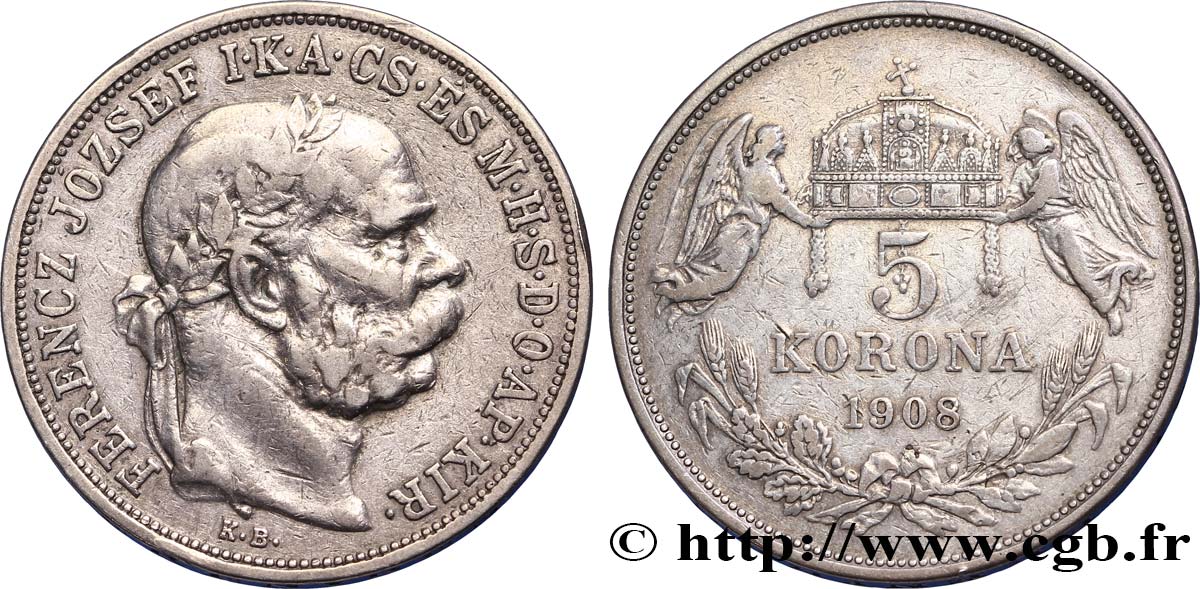 HUNGARY 5 Corona François-Joseph d’Autriche-Hongrie / couronne de St Stéphane supportée par deux anges 1908 Kremnitz XF 