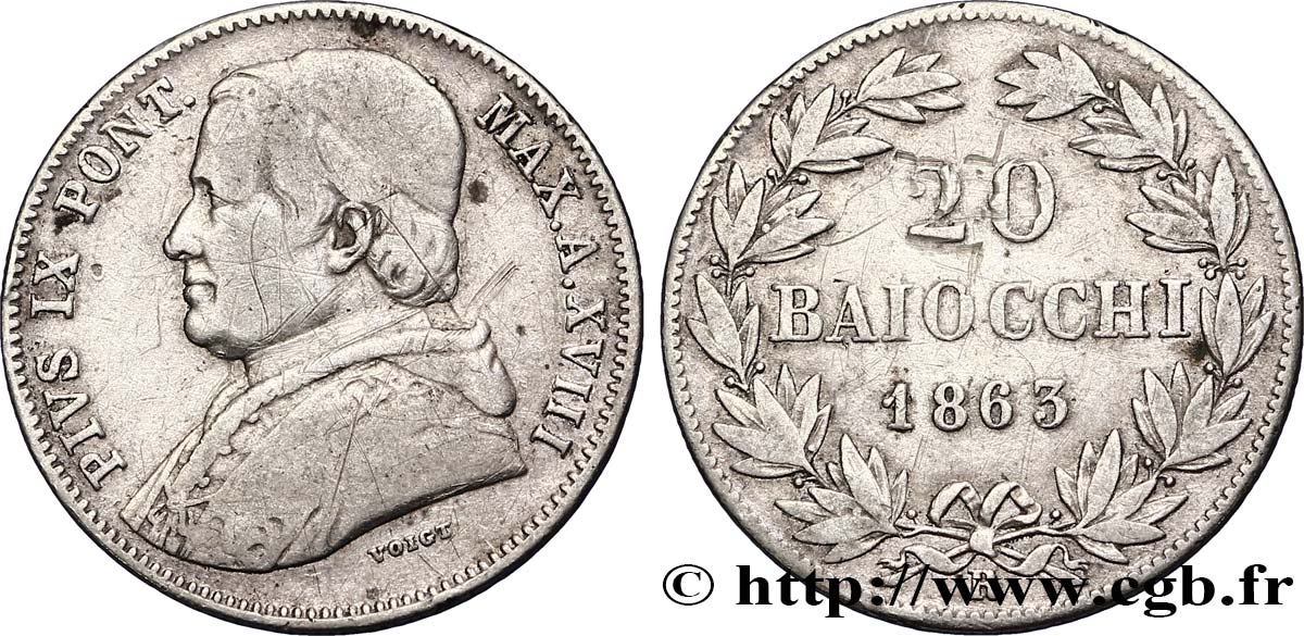 VATICAN AND PAPAL STATES 20 Baiocchi 1863 Rome VF 
