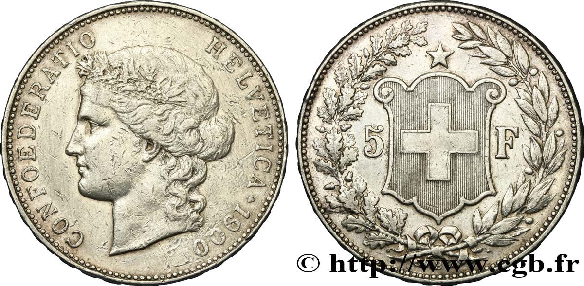 SWITZERLAND - CONFEDERATION OF HELVETIA 5 Francs Helvetia 1900 Berne XF 