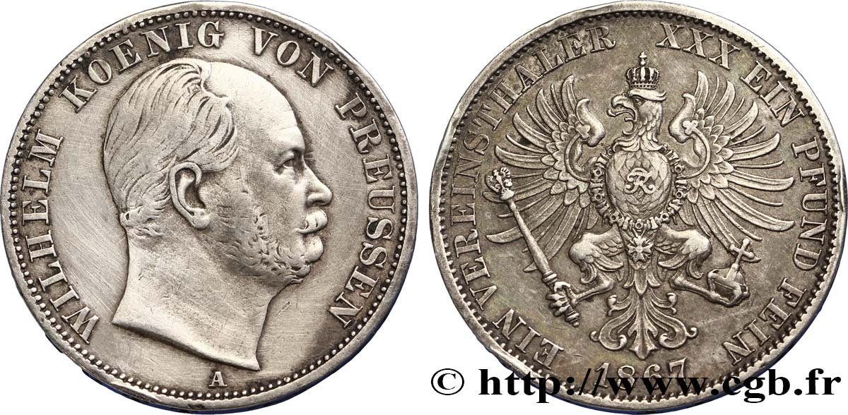 GERMANY - PRUSSIA 1 Thaler Guillaume 1867 Berlin XF 