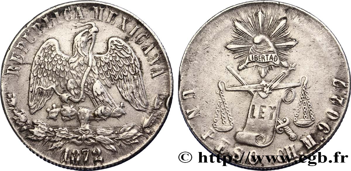 MEXICO 1 Peso aigle 1872 Chihuahua XF 