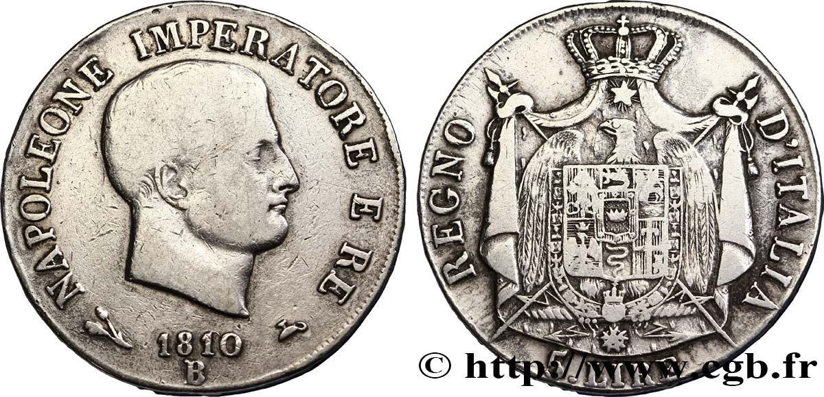 ITALIA - REGNO D ITALIA - NAPOLEONE I 5 lire 1810 Bologne MB 